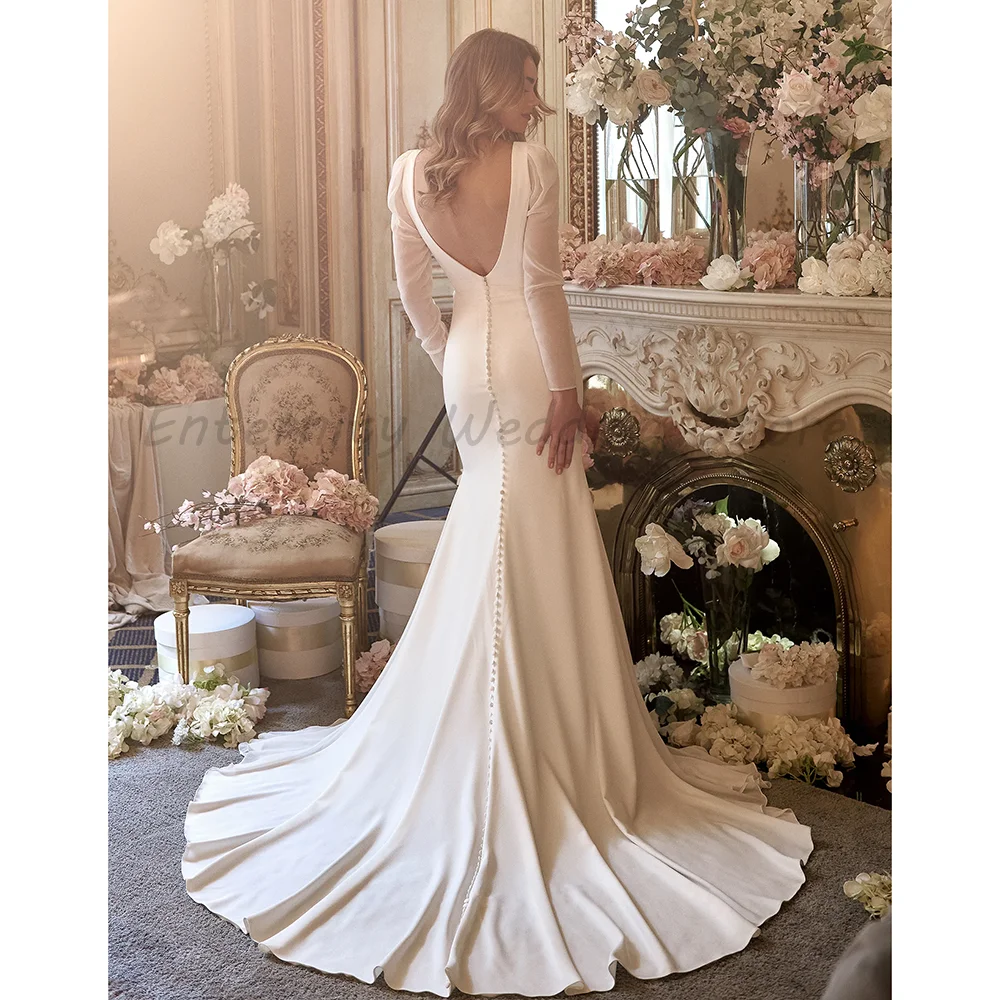 Deep V Long Puff Sleeve Mermaid Wedding Dress Ruched Waist Stretch Crepe Fit And Flare Simple Bridal Gown With Train