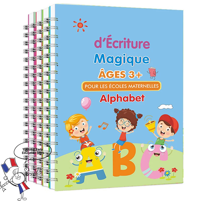 4books French Magic Practice Copybook Magic Book That Can Be Reused Learn Alphanumeric Drawing Math Writing Children Calligraphy