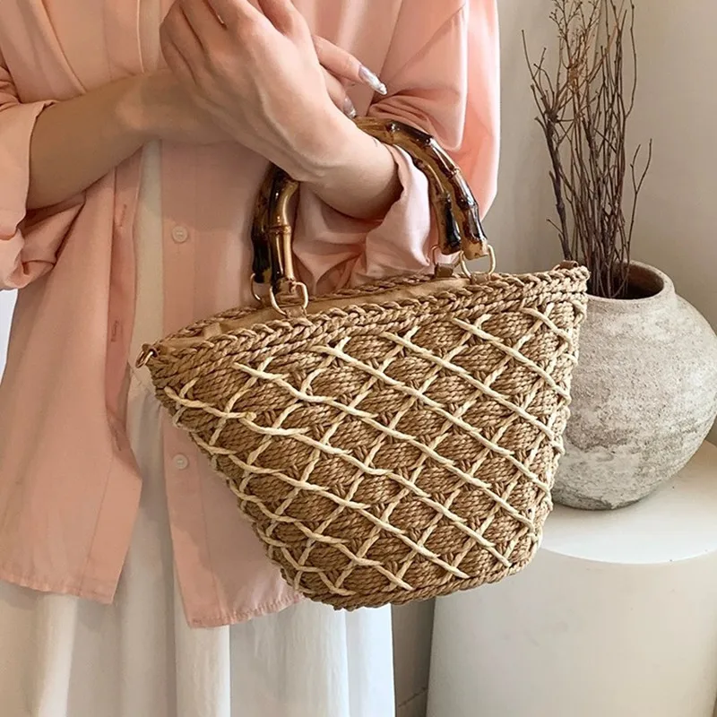 

2025 Luxury Women Summer Trend Woven Grass Bamboo Handle Beach Tote Bag Casual Travel Vacation Straw Handbags New Crossbody Bag