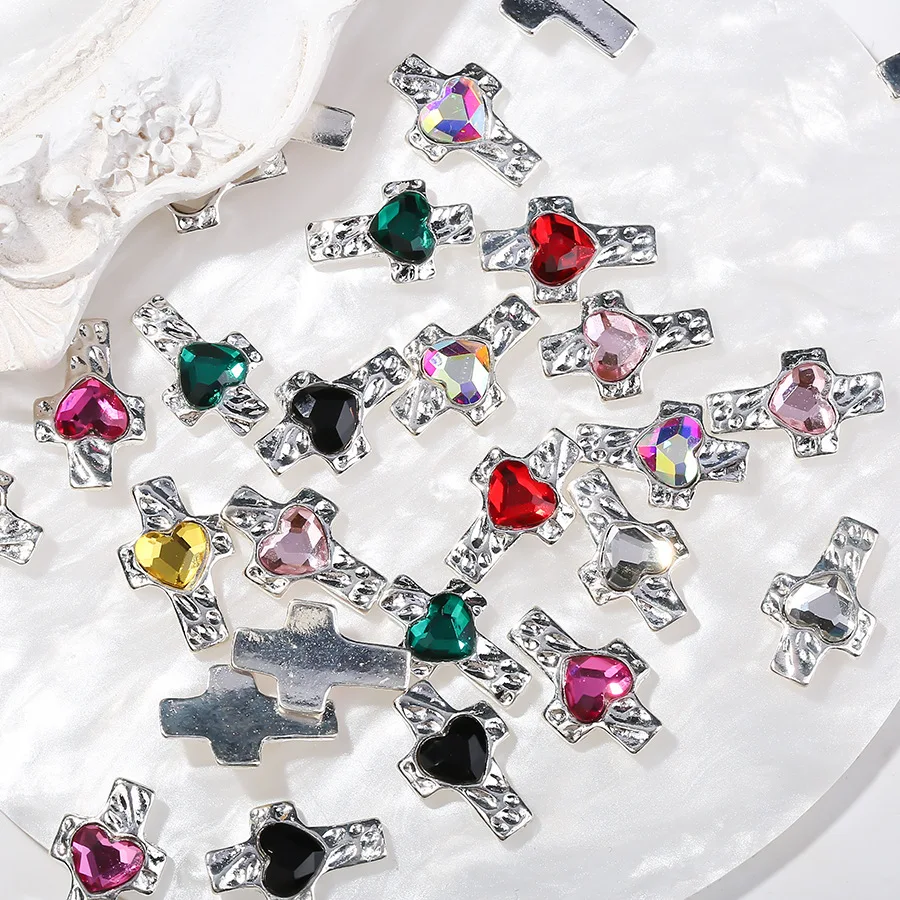 10pcs Silver Alloy Colored Love Cross Nail Charms Gem Jewelry Luxury Zircon Nail Art Accessories DIY 3D Nails Decorations Parts