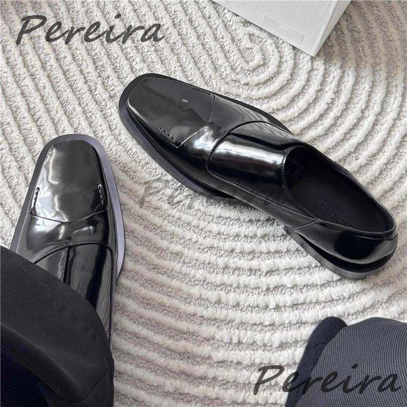 

Square Toe Patent Leather Derby Shoes Men's Black Thick Soled Slip-On Business Casual Oxfords Fashion Party Wedding Dress Shoes