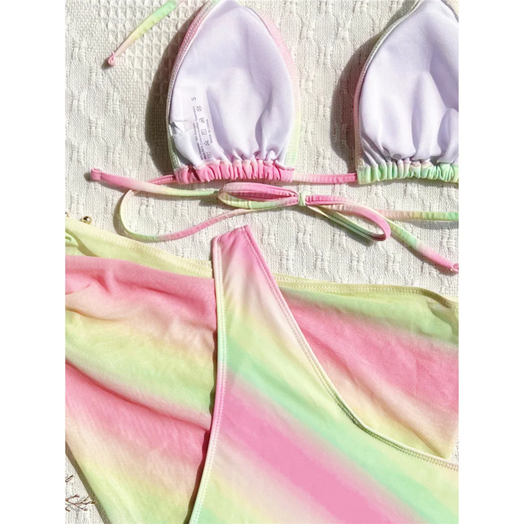 Mit Rock, Farbverlauf, bunter Neckholder-Bikini, Damen-Badeanzug, dreiteiliges Bikini-Set, Damen-Bademode, Badeanzug, Schwimmanzug V6774 – Detail 9