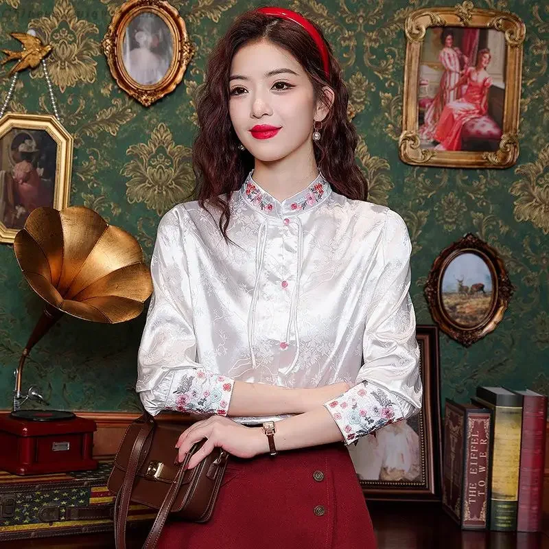 

2025 New Chinese Style White Embroidery Vintage Shirts Women's Spring Plus Size 3XL Blouses Retro Button Tang Costume Hanfu Top