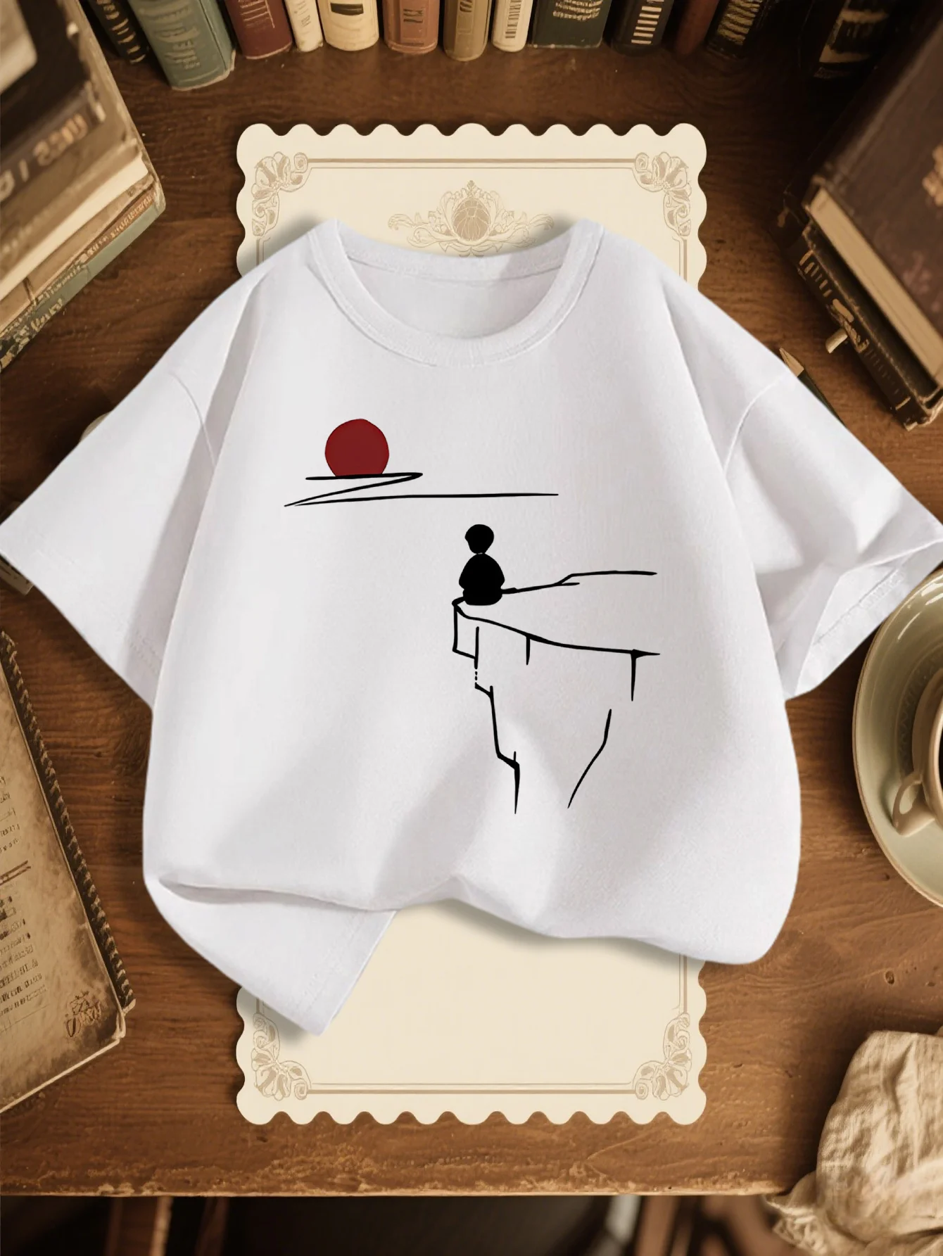 Parent Child T Shirt Abstract Solitary Figure Cliff Sunset Line Graphic Boys Girls Breathable Short Sleeve Minimal Kid Daily Tee