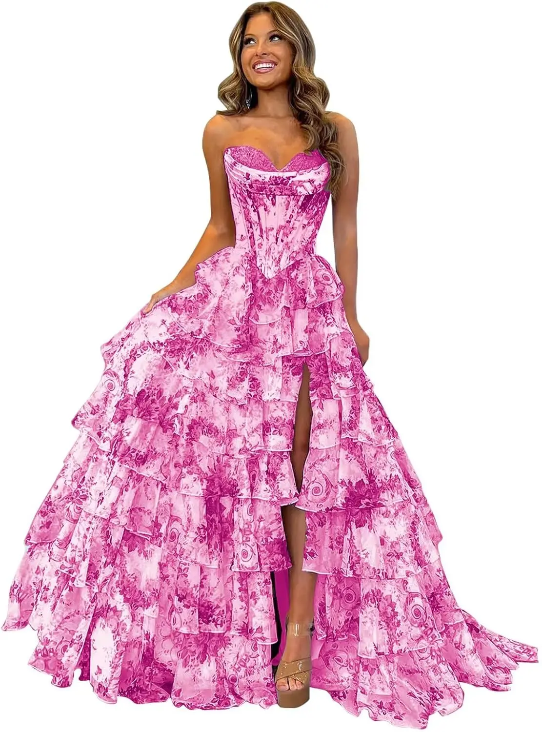Corset Floral Tiered Prom Dresses for Women 2025 Strapless Long Ruffle Formal Evening Gowns with Slit robe de soirée bleu image 6