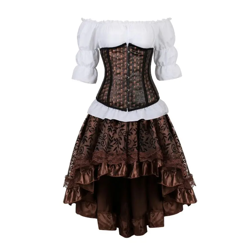 Renaissance Blouse Steampunk Sexy Satin Underbust Corset Top With Gothic Asymmetrical Floral Lace Skirt Set Three-Pieces Outfits