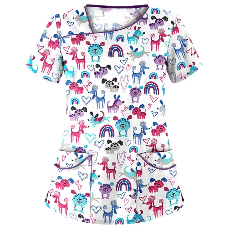 Ladies Nurse Uniform Short Sleeve V-neck Workwear Cartoon Print Working Uniform Woman Polyester Casual Medical Nursing Blouse