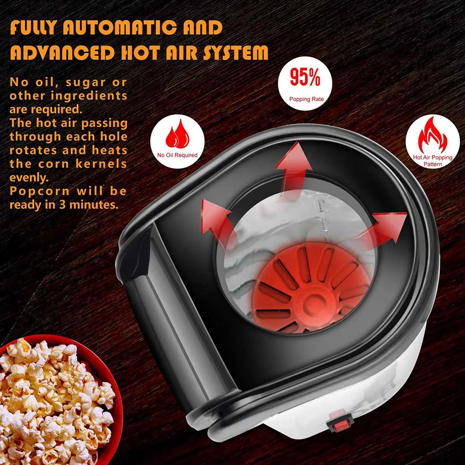 NN89R Macchina per popcorn ad aria, macchina per popcorn ad aria calda elettrica-1200 W, spina americana senza olio