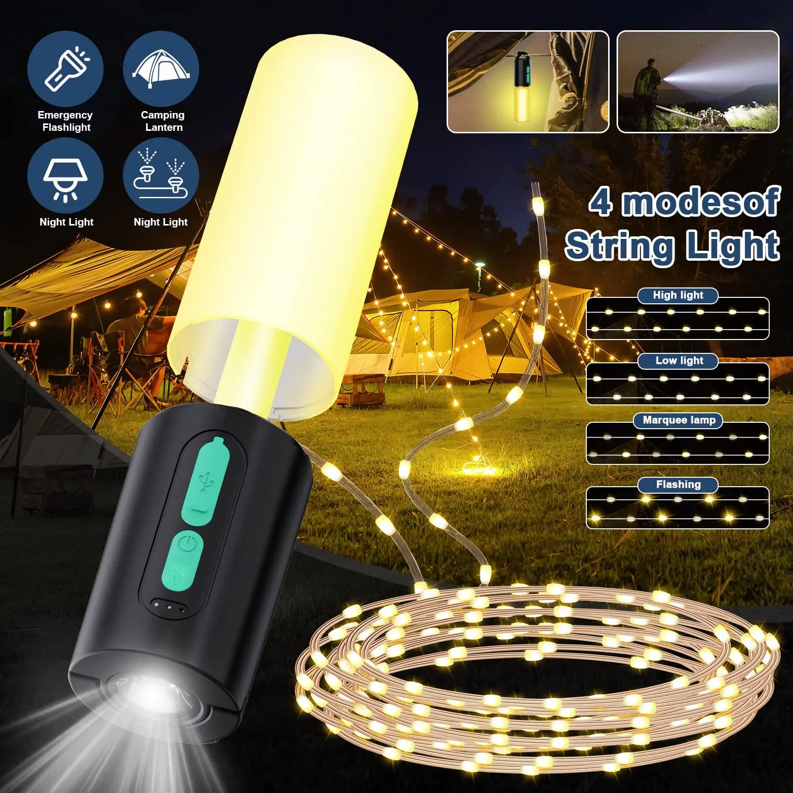 

F2 100LEDs Outdoor Tents Party BBQ Lamp String Decor with Hook 10m Camping String Light Rechargeable Portable Camping Lanterns