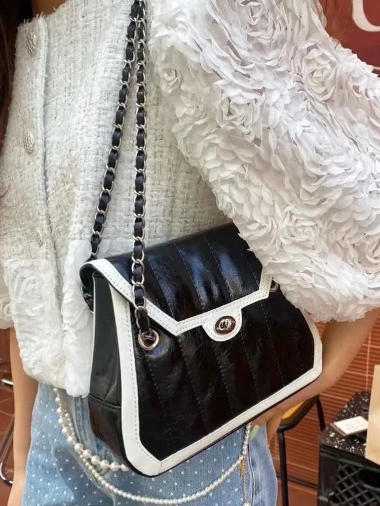 

Spring New Small Faion Wind Chain Single oulder Bag Women Simple Oil Waxed Leather Handheld Underarm Bag Korean Sle