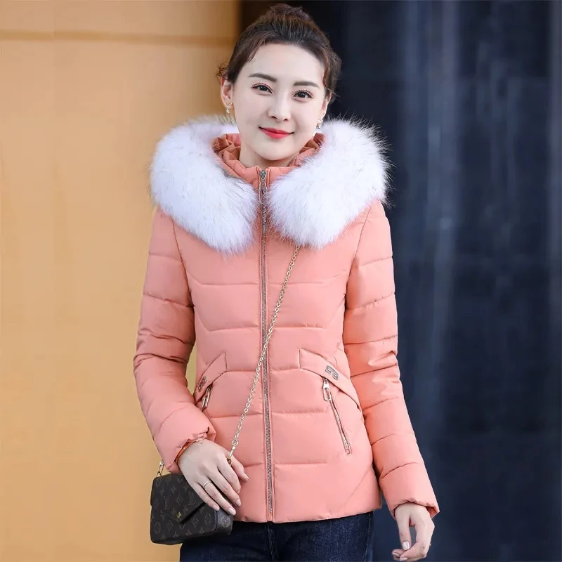 Winter Jacket 2023 New Women Parkas Fur Collar Hooded Thick Down Cotton Padded Parka Female Jacket Short Coat Slim Warm Outwear