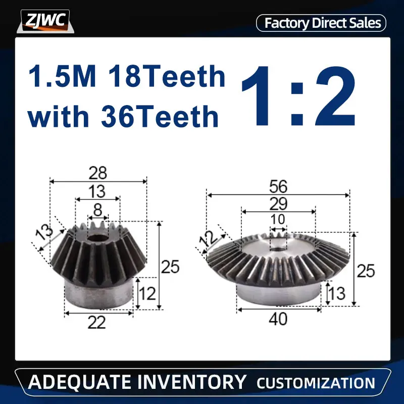 1 Set 1:2 Bevel Gear 1.5 Modulus 18Teeth+36teeth 90 Degree Drive Commutation Steel Gears 90 Degree Transmission