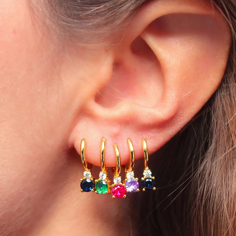 French Creative Colorful Gem Hoop Earrings Real Gold Plated Light Luxury Hoops European Daily Stackable Delicate Women Earrings