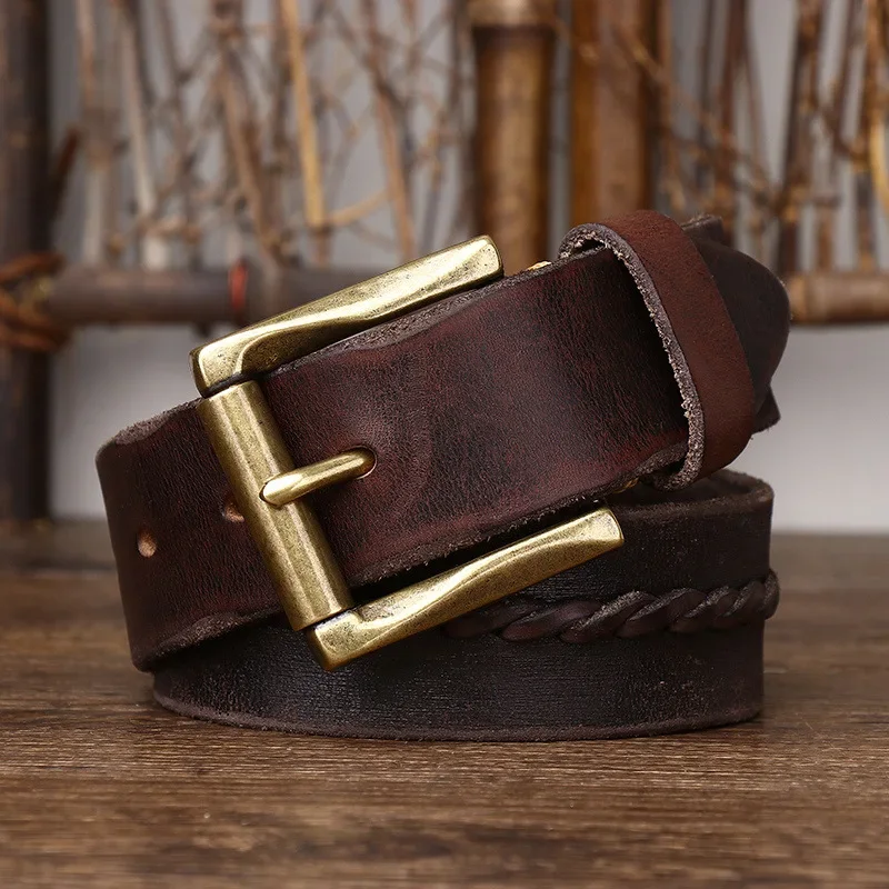 Woven Personalized Belt, Men's Vegetable Tanned Leather Top Layer, Cowhide Retro Copper Buckle Belt, Handcrafted Men's Belt