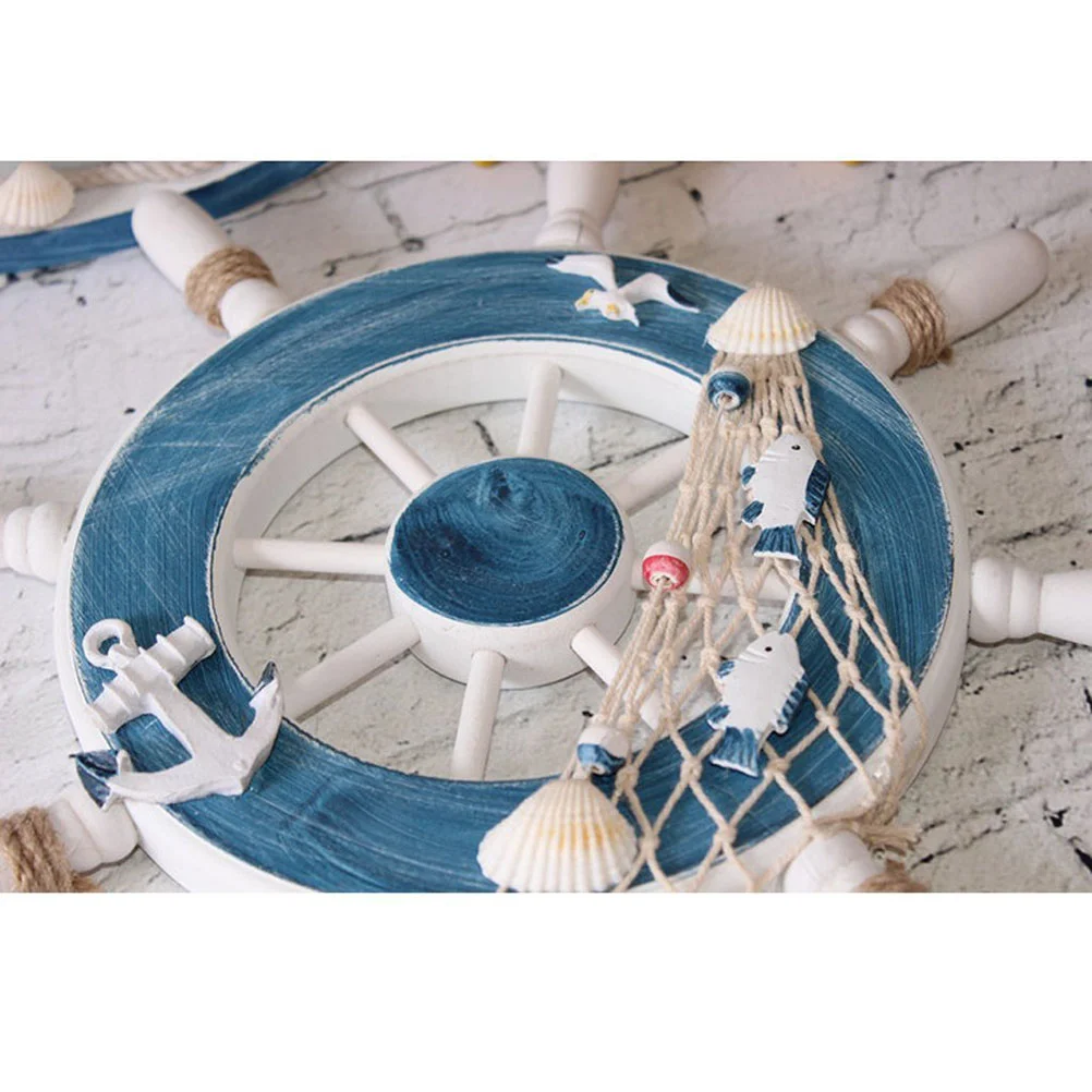 Mediterranean Style Nordic Wooden Nautical Steering Wheel with Fishing Net for Bedroom Living Room Part Ship rudder decoration