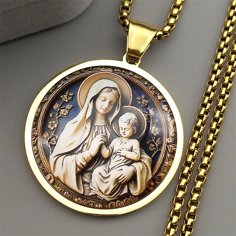 Virgin Mary Hold Baby Jesus Glass Round Medal Pendant Necklace for Women Men Stainless Steel Gold Color Catholic Amulet Jewelry - view 3