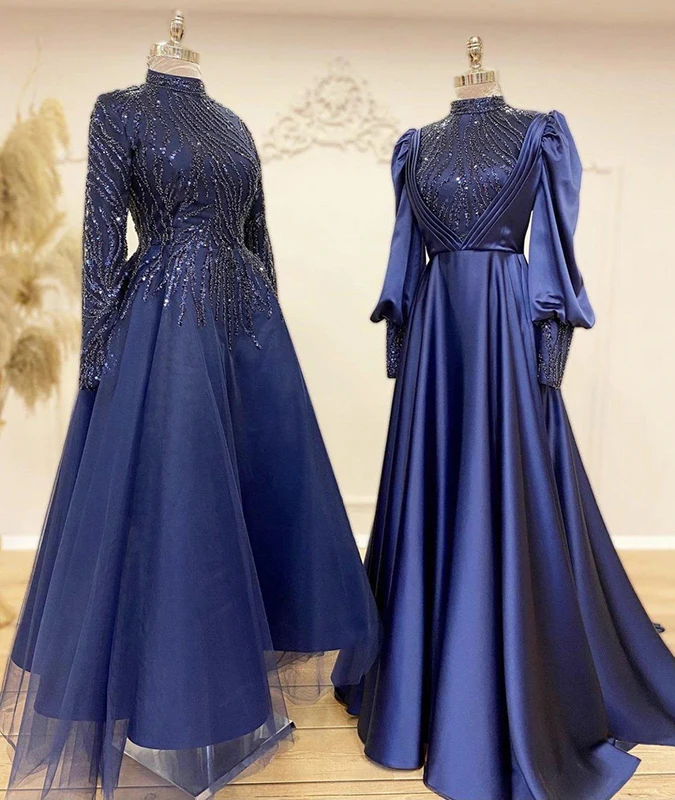 Vestidos De Noche musulmanes De manga larga con cuentas De color azul real, cuello alto, estilo árabe, para fiesta De graduación