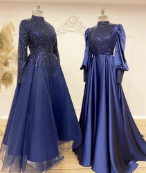 Royal Blue Beaded Long Sleeve Muslim Evening Dresses Arabic Dubai High Neck Prom Formal Party Gowns Robes De Soirée