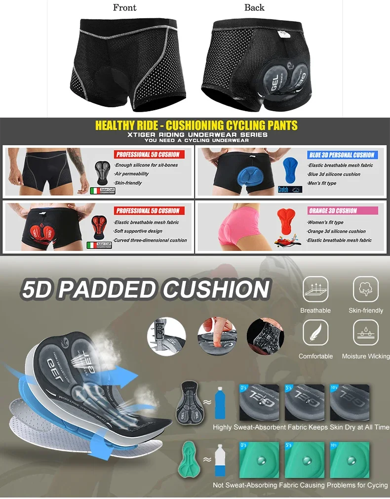 X-TIGER Herren-Radunterwäsche mit 5D-Gel-gepolstertem MTB-Boxer-Radhose, Rennrad-Unterwäsche, Fahrradausrüstung – Detail 3