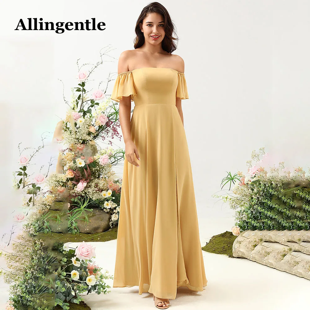 

Allingentle Chiffon Off Shoulder Yellow Long Bridesmaid Dress A-Line Floor Length Side Slit Elegant Evening Formal Gowns Custom