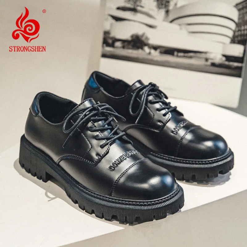 STRONGSHEN Men Platform Leather Casual Shoes Male Lace Up British Style Casual Dress Shoes Business Oxfords Fashion Wedding Flat