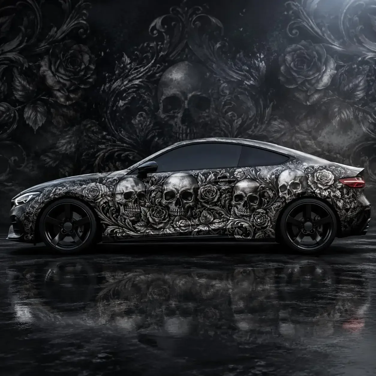 2pcs Skull and Rose Car Wrap Vinyl Decal, Gothic Floral Design