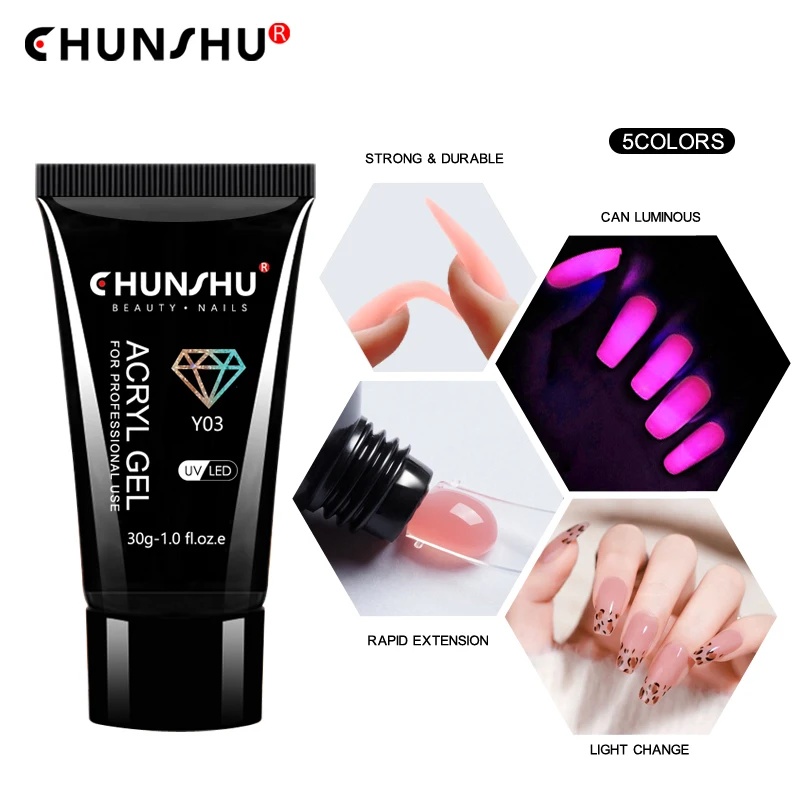 CHUNSHU-Gel acrílico que brilla en la oscuridad, extensión de uñas de polietileno para dedos, cambio de luz semipermanente, UV, herramientas de arte de uñas, 30ML