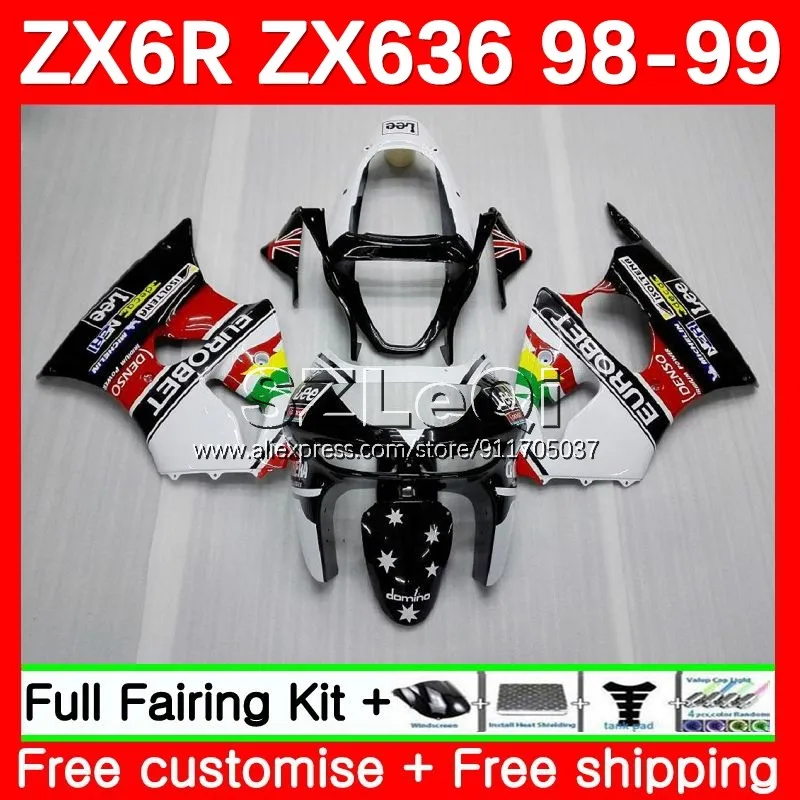 Body + Decal For KAWASAKI NINJA White black ZX 6R 636 6 R ZX-636 600 CC ZX6R 98 99 99No.12 ZX600 ZX-6R ZX636 1998 1999 Fairing