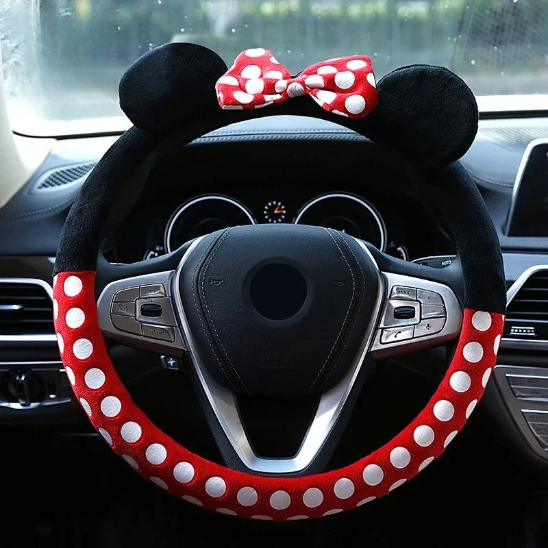 

38CM Mickey Minnie Plush Steering Wheel Cover Kawaii Cartoon Anime Figures Car Protector Case AntiSlip Winter Auto Accessories