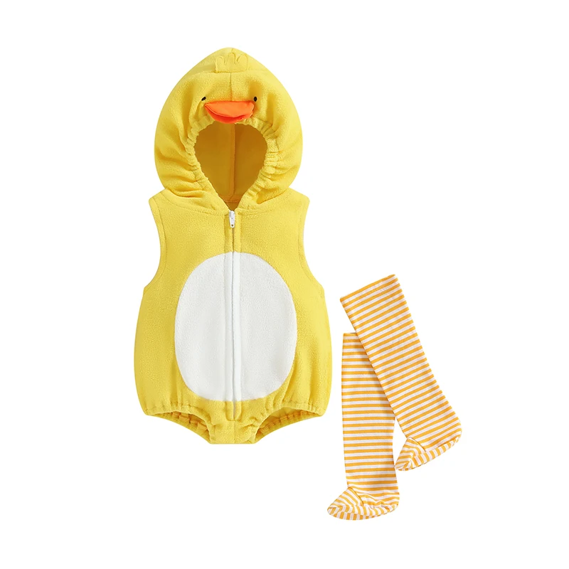 Baby Girls Casual Hooded Romper Sleeveless Zip Up Animal Chick Romper with Striped Socks