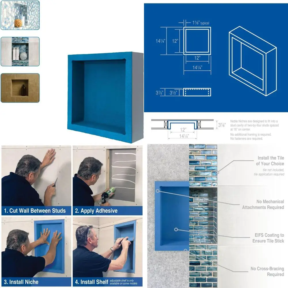 

Современная квадратная ниша для душа со встроенной полкой для хранения в ванной комнате, идеально подходит для туалетных принадлежностей и шампуня (14,25 Ш x 14,25 В)