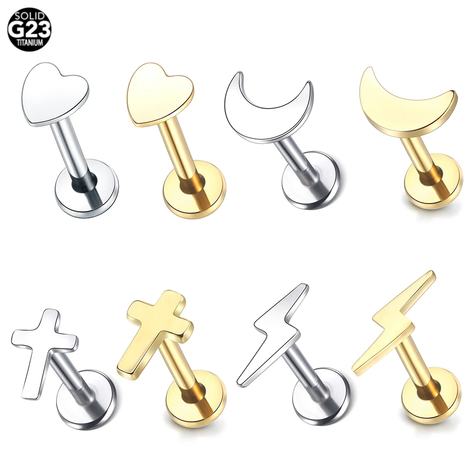 Piercing Labret de titanio G23, pendientes de cartílago de oreja, Luna, corazón, Cruz, Tragus, Perno de hélice, joyería Punk para el cuerpo, venta