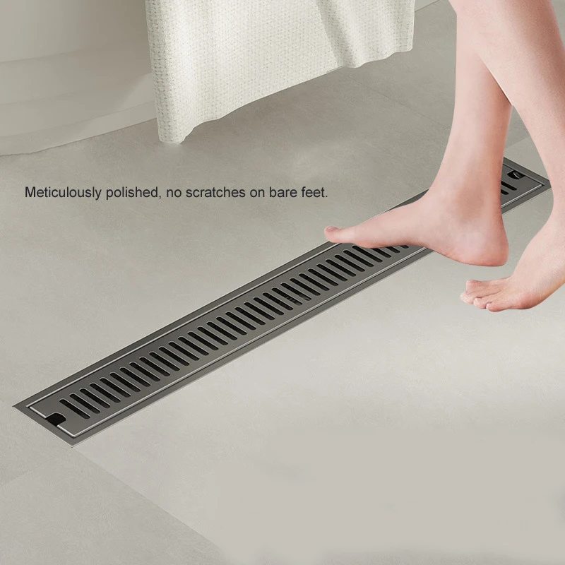Gun Gray 304 Stainless Steel Long Floor Drain 10cm Wide Hotel Shower Room Large Displacement Long Strip Anti-odor Drain