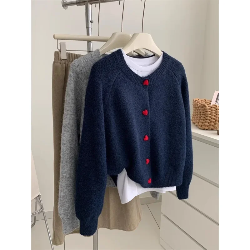

Deep Grey Wool Knitted Cardigan For Women In Autumn Winter Soft And Sticky Warm Love Buckle Shoulder Sleeves Sweater Female