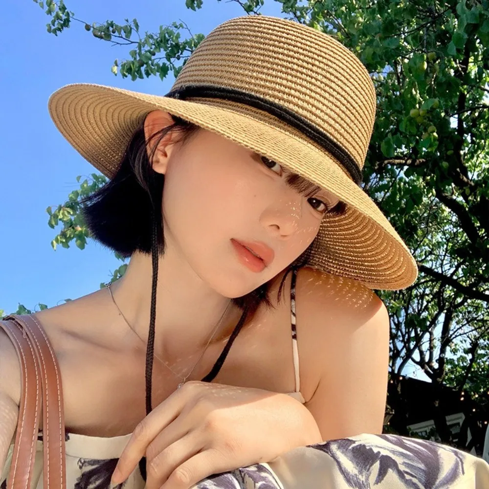 

American Summer Straw Bucket Hat Foldable UV Protection Women's Straw Hat Beach Wide Brim Visor Cap Travel