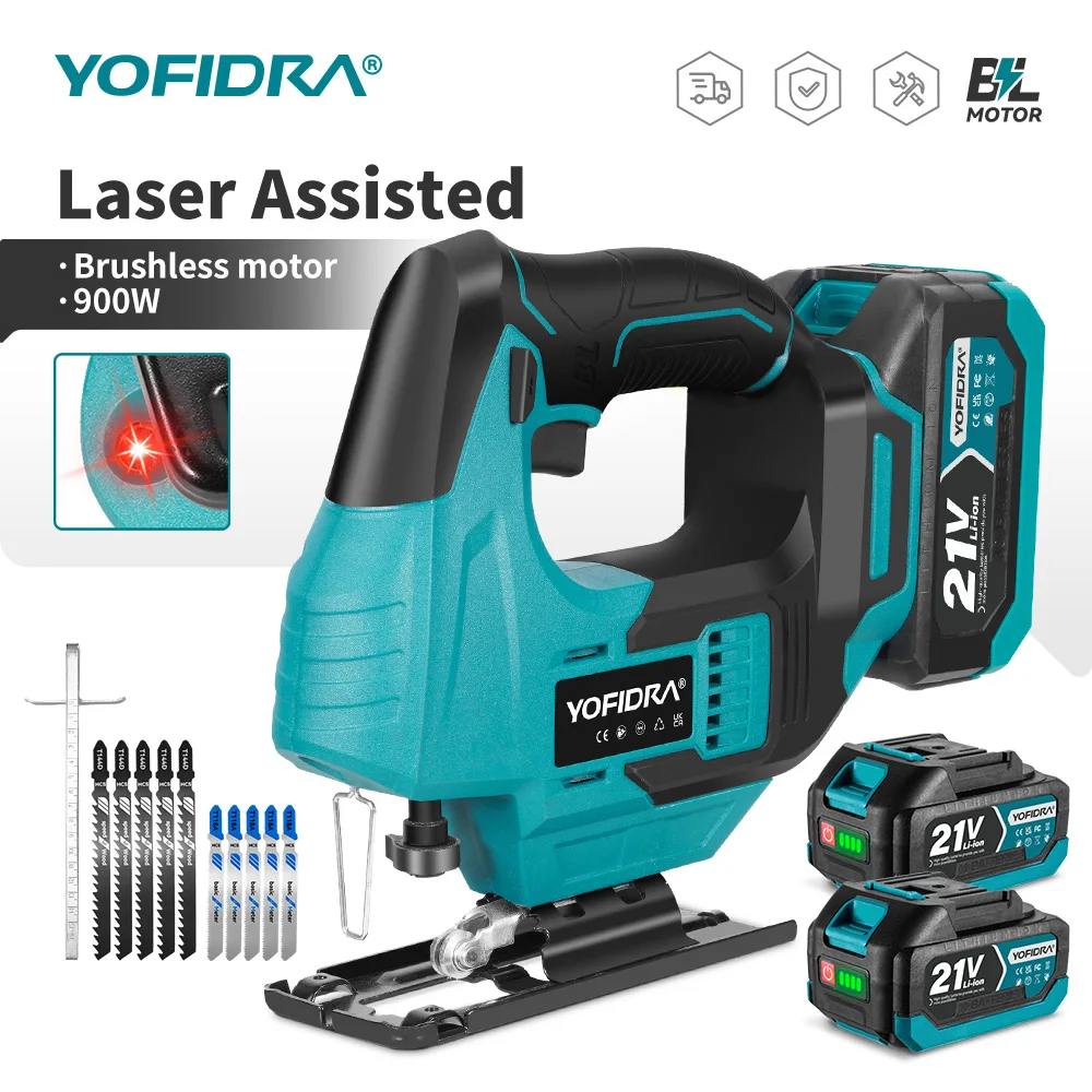 YOFIDRA 3800RPM Bürstenlose Elektrische Rote Linienlaser-Stichsäge mit 12 Klingen, Multifunktionale Elektrische Kurvensäge für Rohre und Holz, Kompatibel mit Makita-Akkus