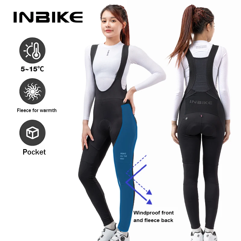 INBIKE 여성용 전문 턱받이 사이클링 바지, 도로 자전거, 경량 통기성 원단 사이클링 바지, 주머니가 있는 겨울 바지 