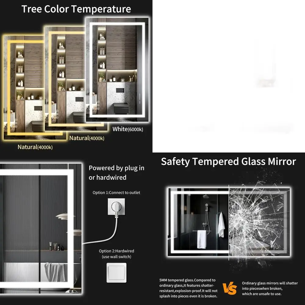 

Dimmable 30x48 LED-Illuminated Bathroom Mirror, Anti-Fog, Tempered Glass, Vanity or Wall Mount, Backlit and Front Lit, Memory Fu
