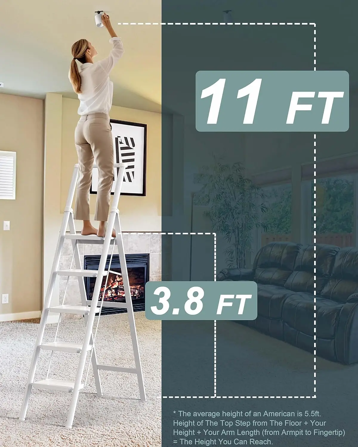 Ladder, Folding Step Stool with Handgrip and Anti-Slip Wide Pedal, Portable Stepladder for Kitchen, Home, Library, Office (300 l