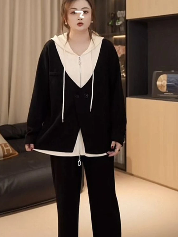 

Комплект из двух предметов: худи оверсайз и брюки для женщин, свободный крой, скрывающий недостатки фигуры, весна-осень, повседневный модный ансамбль