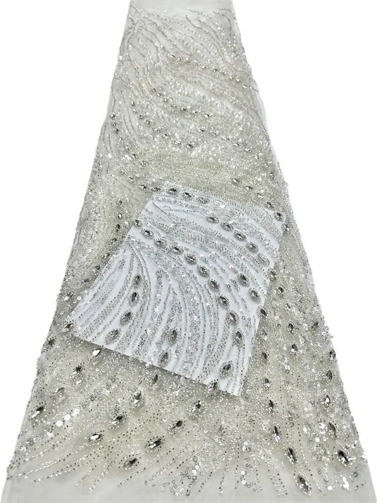 Luxury African Heavy Handmade Beaded Lace Fabric High Quality 5Yards Sequins French Tulle Bead Lace For Wedding Party