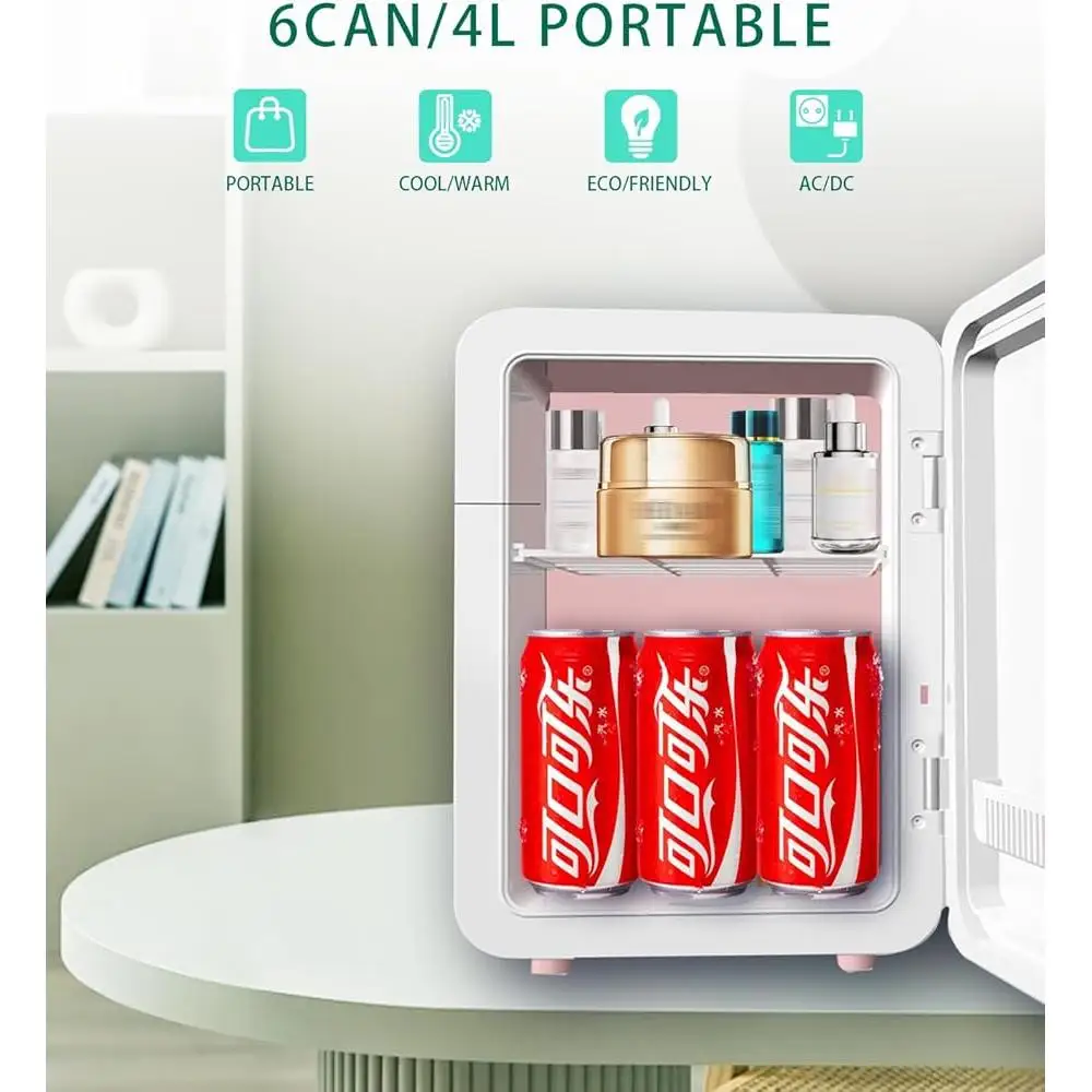 Compact Mini Fridge 4L with Adjustable LED Light Mirror Cooler Warmer Skincare Drinks Bedroom Office Car