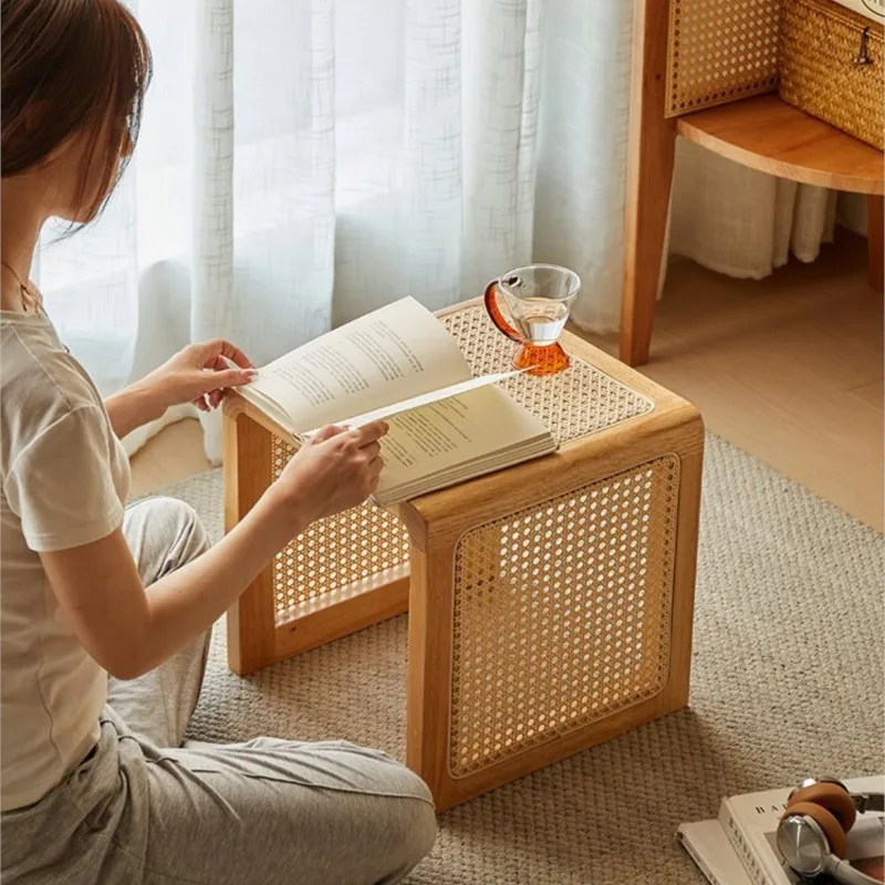 Wabi-sabi Style Solid Wood Rattan Side Table Japanese Balcony Window Sofa Small Tea Table Placeholder In Retro Bedside Table Sub