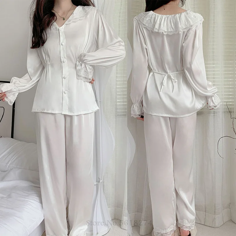 

Elegant Lace Trim Pajamas Women Slim 2Pcs Nightwear Casual Home Clothes Loungewear Rayon Long Sleeve Shirt&pant Lady Outfit