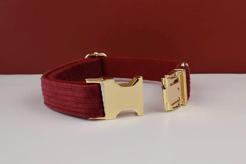 Weinrotes Cord-Hundehalsband und Leinen-Set für Hunde, individuell graviertes Namensschild, Haustierbedarf, Hundeleine, Cord13 – Detail 7