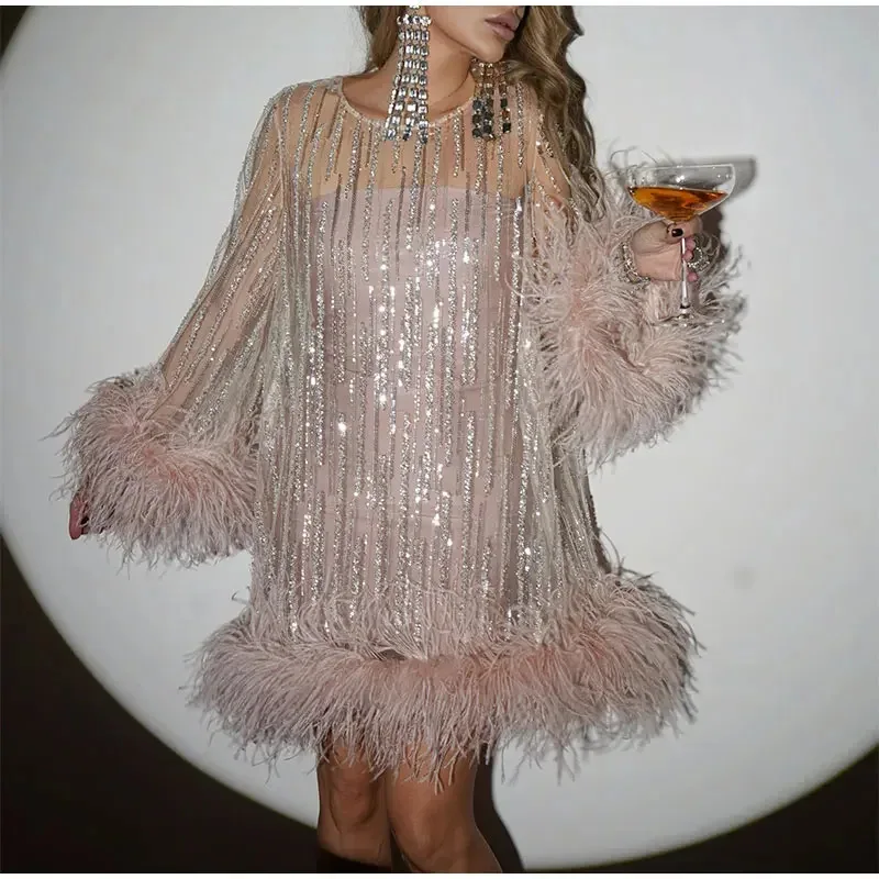 

2024 New Sexy Tassel Sequins Feather Mini Dress Women Gold Cocktail Dresses Female Elegant Evening Party Club Prom Dress