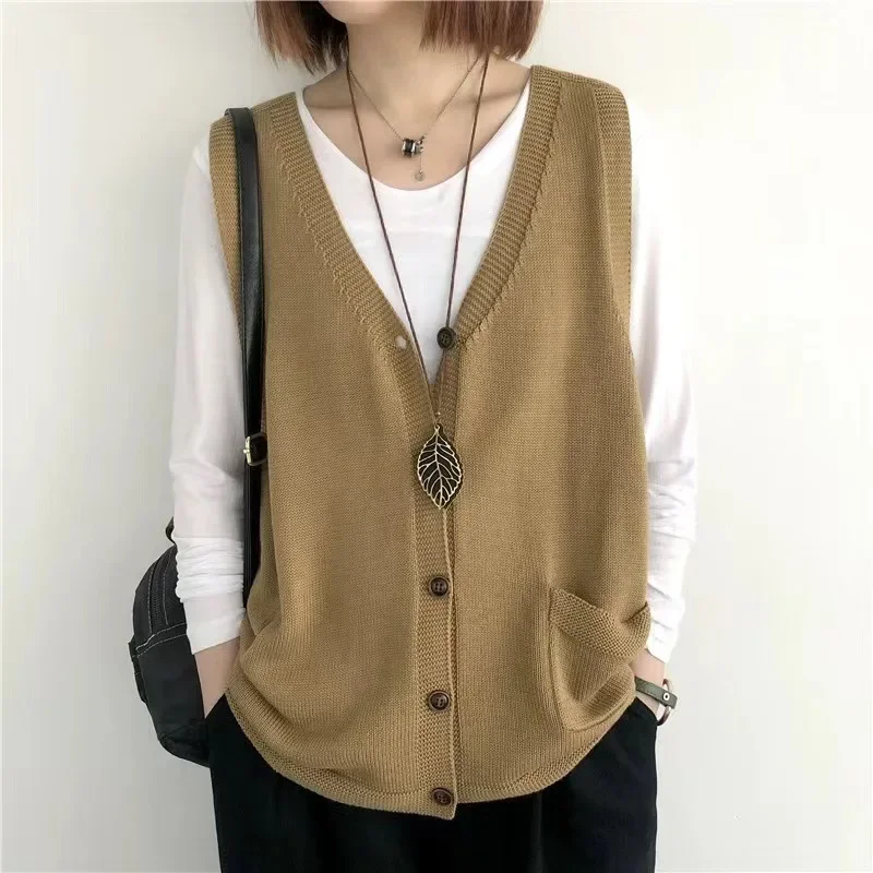 Knitted Vests Top For Women Casual Single-Breasted Knitwear Cardigan Tank Sweater Female Solid Sleeveless 2024 Fashion