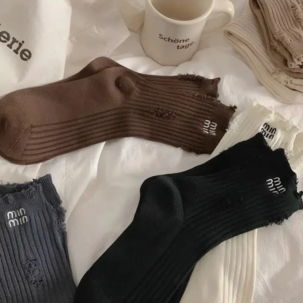 New Kave 1 Pair Spring/Autumn Trendy Holes Cotton Letter Medium Tube Socks for Women Breathable Japanese Pile up socks