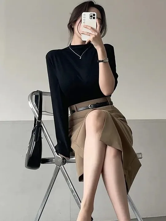 Korean Sle High Collar Long Sve Slim Fit Women's T-irt Inner Wear Top Faionable Autumn Winter Item Simple Design