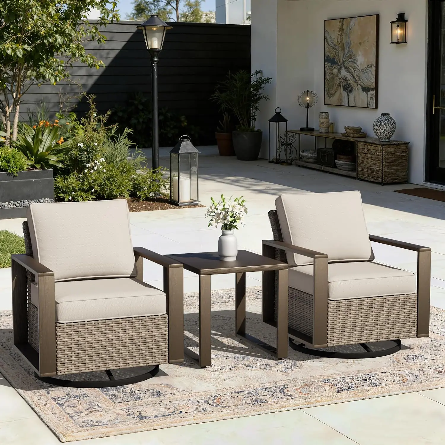 Outdoor Swivel Rocker Set, 3 Piece Wicker Patio Furniture, 2 Chairs & 1 Table, Metal Armrest, Thick Cushions, Custom